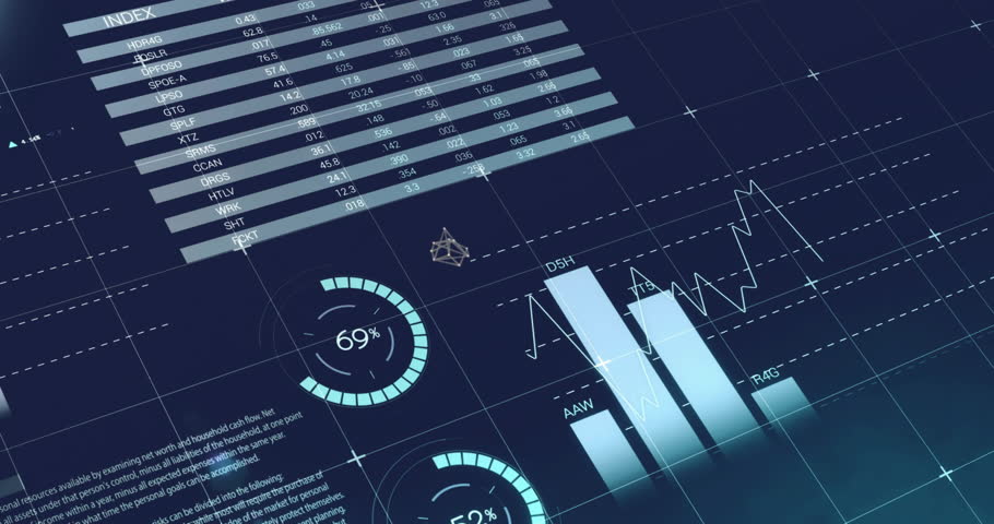 Animation of statistics and financial data processing over dark background. Global finance, business, connections, computing and data processing concept digitally generated video.