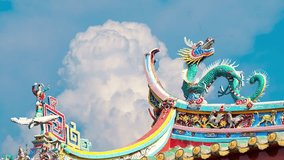 Time lapse of ancient chinese roof with bells under eaves sway on wind, water drops faling from eaves bright blue sky and white cumulus clouds in background. Side view of traditional pagoda tiled roof - Powered by Shutterstock - Get 15% off with code: PIKWIZARD15