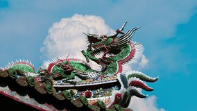 Time lapse of ancient chinese roof with bells under eaves sway on wind, water drops faling from eaves bright blue sky and white cumulus clouds in background. Side view of traditional pagoda tiled roof - Powered by Shutterstock - Get 15% off with code: PIKWIZARD15