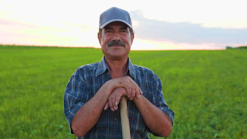As the sun sets on the horizon, a content male farmer, distinguished by his mustache, offers a satisfied gaze, encapsulating the serenity and joy of a day's labor in the agricultural field.