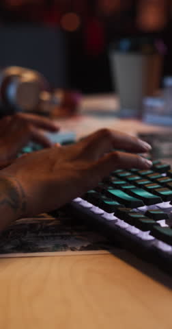 Vertical Screen: Close Up Footage of Black Woman's Hands Working on Keyboard and Monitor. Female Hands Typing in Creative Game Development or Animation Agency. Female Sales Manager Developing a Plan Royalty-Free Stock Footage #3454437973