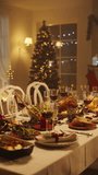 Vertical Screen: Tastefully Decorated Christmas Banquet Dining Table with a Grilled Turkey Dish, Vegetable and Fruit Meals, Baked Potatoes, Desserts and Drinks. Establishing Footage Without People