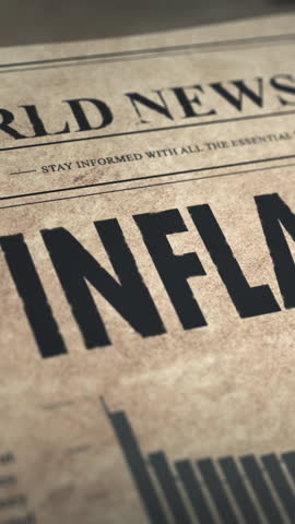 Article on financial crisis, inflation and depression in the world in old vintage newspaper in editorial office, animation