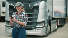 Excited woman trucker standing in front of the truck looking at the phone, reading an email or receiving a notification. Positive reaction, good news, success and joy. - Powered by Shutterstock - Get 15% off with code: PIKWIZARD15