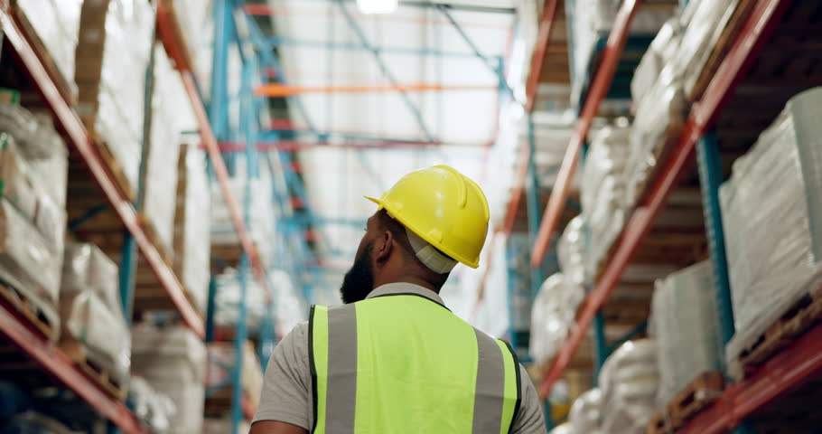 Man, walking and warehouse with helmet in logistics, supply chain or inventory inspection. Rear view of male person with hard hat in storage for checking stock, shelves or cargo in shipping industry