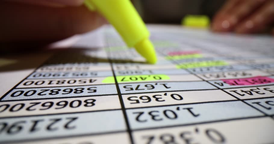 Woman highlights digits in spreadsheet cells slow motion. Entrepreneur learns commercial information of stock market in office. Financial report