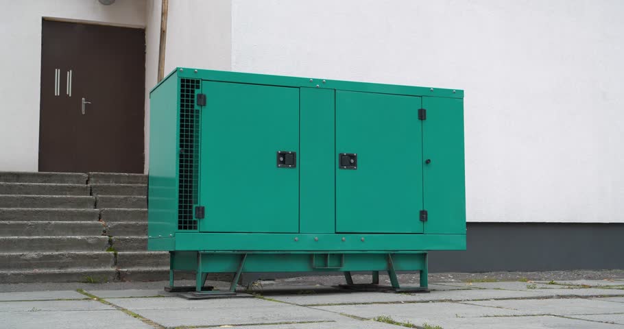 Diesel powered generator. Power station is an independent, complete power generation device and system. Source of electric energy, connected to building. Cinema 4K 60fps zoom-in video