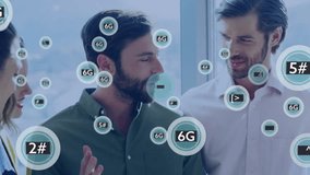 Animation of 6g and 5g text processing over diverse business people in office. Global finance, business, connections, computing and data processing concept digitally generated video. - Powered by Shutterstock - Get 15% off with code: PIKWIZARD15