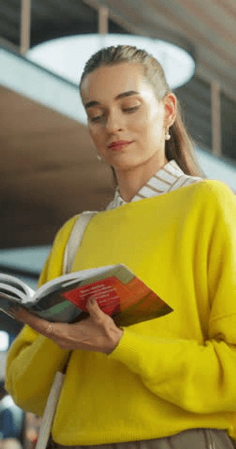 Vertical Screen: Philosophy Graduate Picking Up a Book From a Public Library. Beautiful Thoughtful Female Standing and Reading a Fundamental Study About Nonverbal Communication in Contemporary Poetry Video de stock