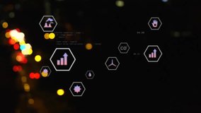 Animation of eco icons data processing over out of focus city lights. Global environment, business, connections, computing and data processing concept digitally generated video. - Powered by Shutterstock - Get 15% off with code: PIKWIZARD15