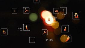 Animation of eco icons data processing over out of focus city lights. Global environment, business, connections, computing and data processing concept digitally generated video. - Powered by Shutterstock - Get 15% off with code: PIKWIZARD15
