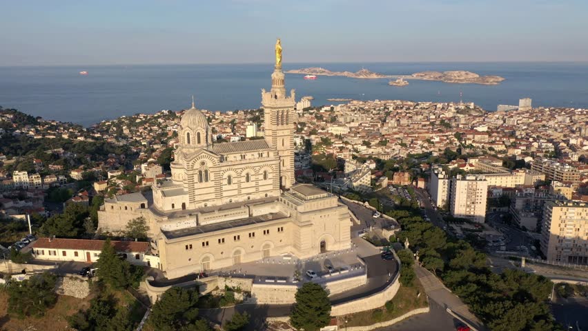 Marseille France Aerial view of the basilica Notre Dame de la Garde and the Vieux Port