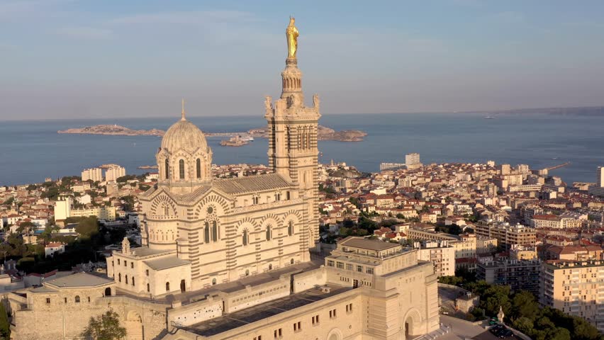 Marseille France Aerial view of the basilica Notre Dame de la Garde and the Vieux Port