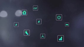 Animation of eco icons data processing over out of focus city lights. Global environment, business, connections, computing and data processing concept digitally generated video. - Powered by Shutterstock - Get 15% off with code: PIKWIZARD15