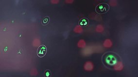 Animation of eco icons data processing over out of focus city lights. Global environment, business, connections, computing and data processing concept digitally generated video. - Powered by Shutterstock - Get 15% off with code: PIKWIZARD15