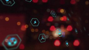 Animation of eco icons data processing over out of focus city lights. Global environment, business, connections, computing and data processing concept digitally generated video. - Powered by Shutterstock - Get 15% off with code: PIKWIZARD15