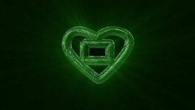 Abstract background 3D animation of a heart with a square in the center of green yellow shiny futuristic glass and metal reflective objects and shapes transforming the rotation and play of light.