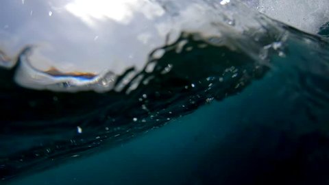 SLOW MOTION UNDERWATER: Crystal clear waves quickly approaching rocky coast. Foaming deep blue ocean water rushing towards Canary Islands on a cloudy afternoon. Camera dips into beautiful emerald sea.