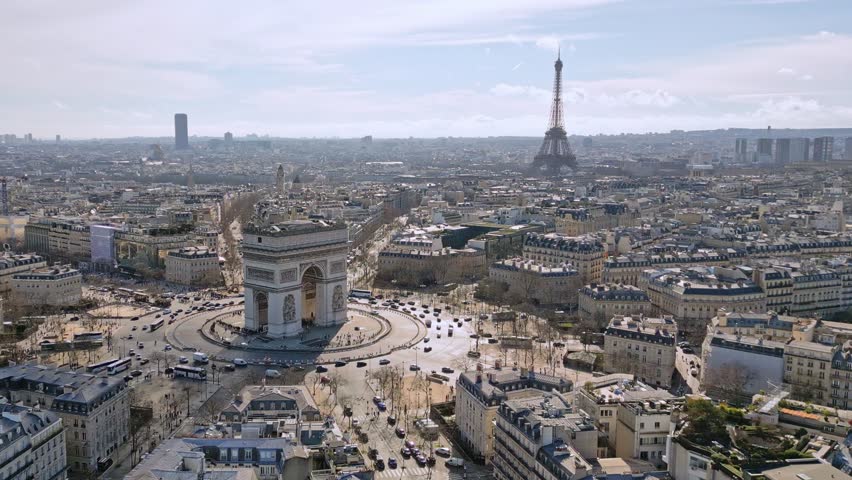 Aerial view of Triumphal Arch and Tour Eiffel, Paris in France. Aerial lateral