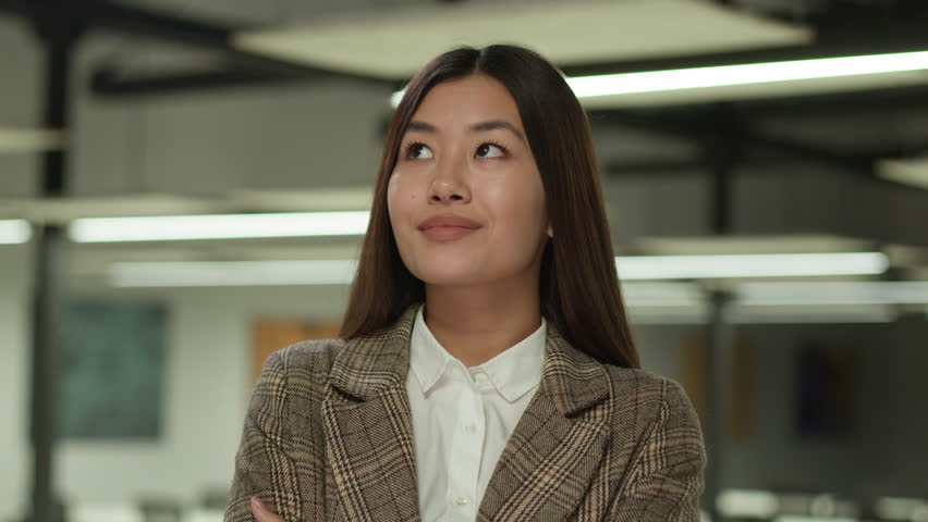 Asian pensive woman business office girl female thinking entrepreneur dreaming employer manager think businesswoman corporate idea dream contemplate thoughtful smiling decide consider startup plan Royalty-Free Stock Footage #3454730441