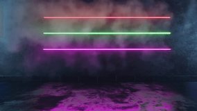 Three horizontal neon lights. Red, green and purple bright lamps in the flying smoke on the old concrete wall for templates, banners, posters. 4k video footage. 3d render modern design in stock video.