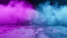 A flying stream of mist over a old stone surface in a scene with blue and purple illumination. Colorful background. 4k loopable footage with motion elements. Three-dimensional stock video.