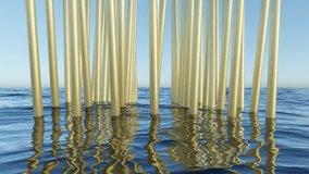 Animated thin golden pillars sway on the waves in windy weather. Surreal relaxing video for templates, banners, wallpapers. 4k loopable footage with motion elements. Three-dimensional stock video.
