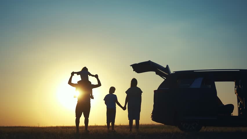 family traveling by car. family watching sunset silhouette next to the car in the park. happy family kid dream concept. people in the park. family car camping resting lifestyle in nature Royalty-Free Stock Footage #3454759303
