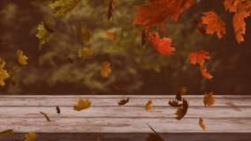 Animation of leaves blowing over wooden table top and tree tops. Season, autumn, change and nature, digitally generated video.