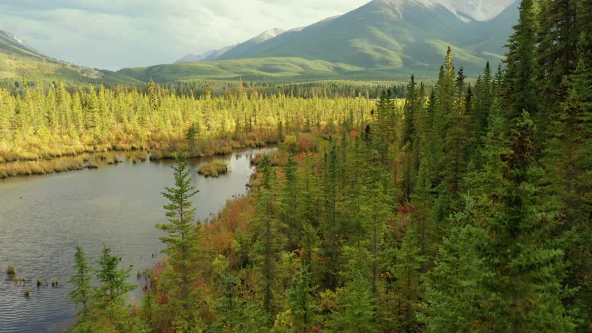 Beautiful aerial view of the Vermilion Lakes and Sulphur Mountain full of pine trees, in autumn on a cloudy day near Banff, Canada.