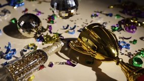 Championship trophy, champagne and confetti celebration, disco ball sparkles - Powered by Shutterstock - Get 15% off with code: PIKWIZARD15