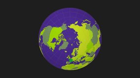 Rotating globe. North pole sphere view. Slow speed earth rotation. Colored countries style. World map with sparse graticule lines on Dark background. Admirable animation.