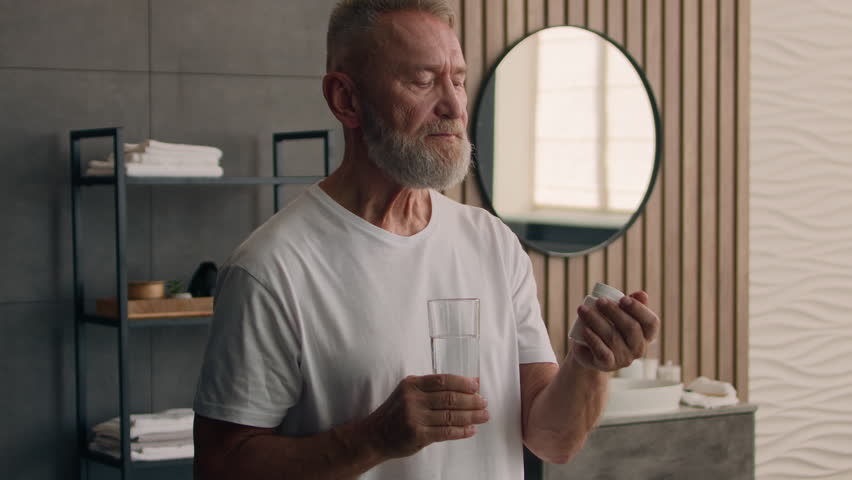 Unhealthy retired old Caucasian man senior mature male grandpa health care healthy drinking vitamins morning habit at home drink pill remedy medicine drug supplement water smiling at camera toothy