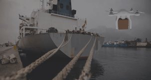 Animation of eco icons and data processing over drone with box and sea port. Global shipping, finance, business, connections, computing and data processing concept digitally generated video.