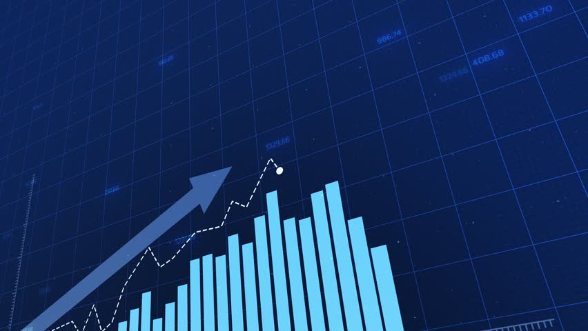 Animated digital blue bar chart showcasing business growth and market trends. Hi-tech grid style with dynamic camera movement illustrating rising financial data and economic success.