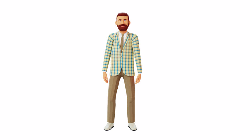 A 3D man in a checkered jacket speaks and gesticulates emotionally. 3d looped animation with alpha channel.