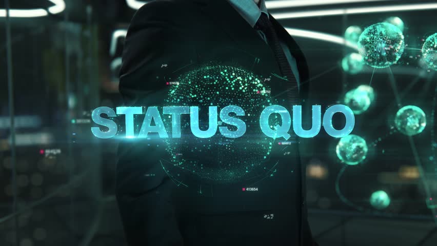 Businessman with Status Quo hologram concept