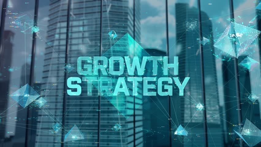 Growth Strategy. Businessman Working in Office among Skyscrapers. Hologram Concept