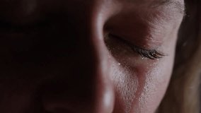 Closed eye of crying woman, close up. Girl crying, tears running down cheeks, wet eyelashes. Sad sorrowful grieving woman experiencing grief, depression, anxiety, coping with stress through crying. - Powered by Shutterstock - Get 15% off with code: PIKWIZARD15