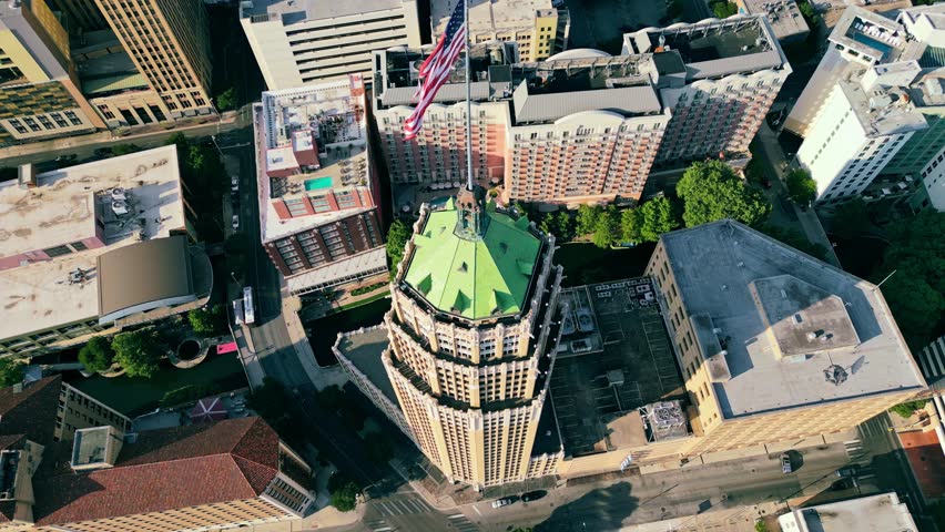 Descending top-down view from top of Tower life building, San Antonio, Texas, USA