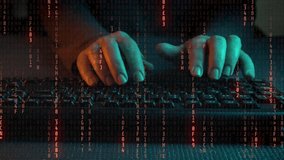Close-up of hands on keyboard typing. Green and orange neon lights illuminate the sides. reddish matrix type letters falling across the screenCyberpunk. 60 fps. - Powered by Shutterstock - Get 15% off with code: PIKWIZARD15