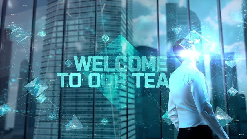 Welcome To Our Team. Businessman Working in Office among Skyscrapers. Hologram Concept