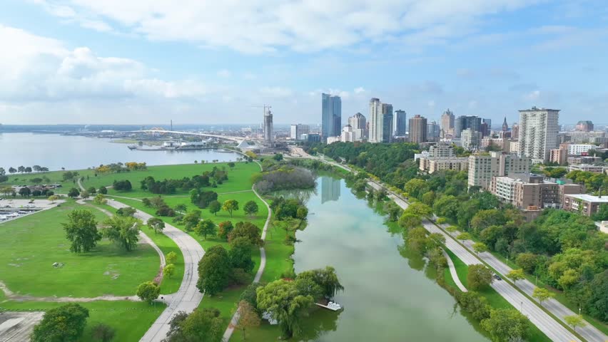 Aerial Flyover of Milwaukee's Veterans Park and Skyline