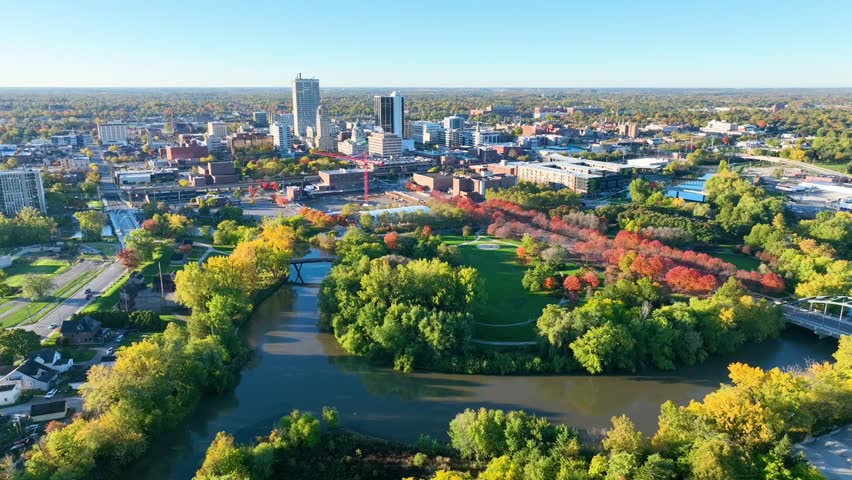 Aerial View of Fort Wayne with MLK Bridge and Autumn Foliage