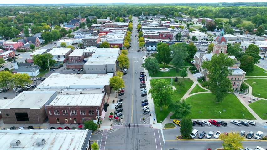 Aerial Fly Over Elkhart Courthouse and Downtown Indiana