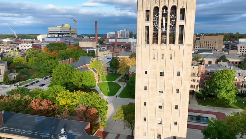 Aerial View of Burton Tower and University of Michigan Campus in Fall