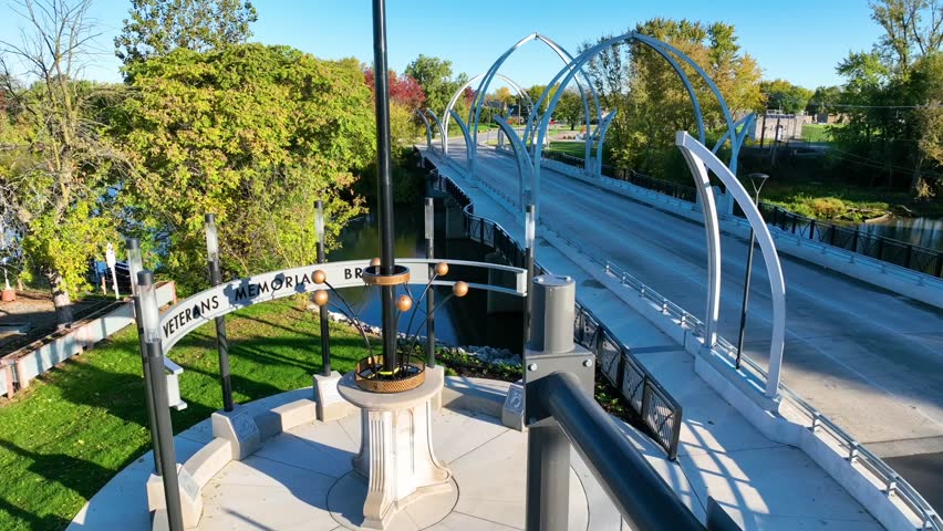 Aerial View of Veterans Memorial Bridge with American Flag, Fort Wayne
