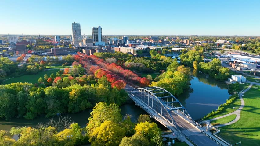 Aerial Flyover of Fort Wayne Autumn Landscape and Downtown