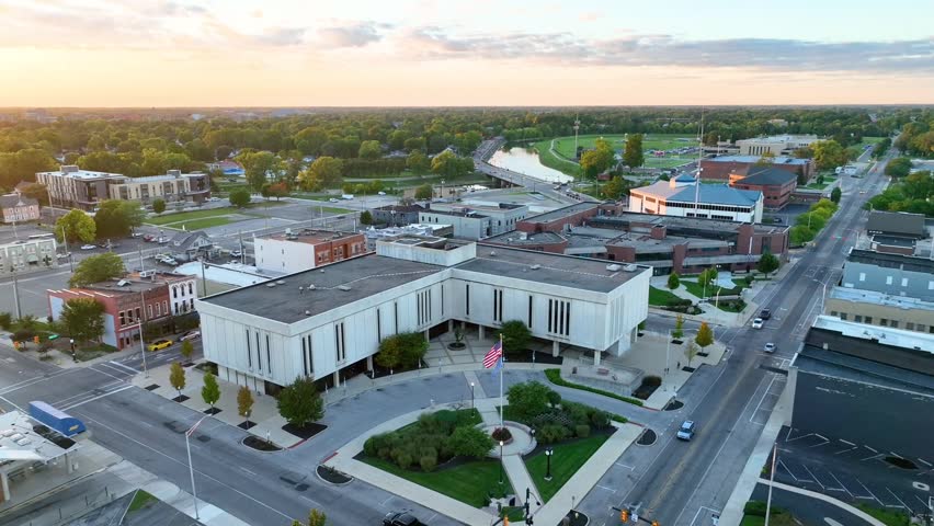 Aerial Golden Hour Glow Over Muncie Downtown and Courthouse