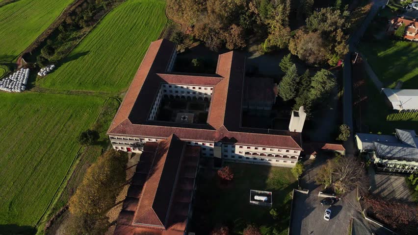 The Monastery of São Bento de Singeverga of the Benedictine religious order is an active convent located in the parish of Roriz, Municipality of Santo Tirso. Aerial view.